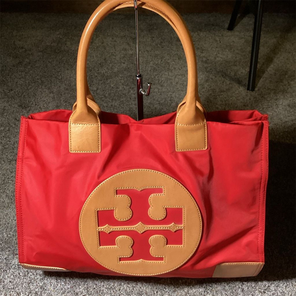 Tory Burch Handbags - Tory Burch Women's Red Nylon Tote Bag with Tan Leather Trim